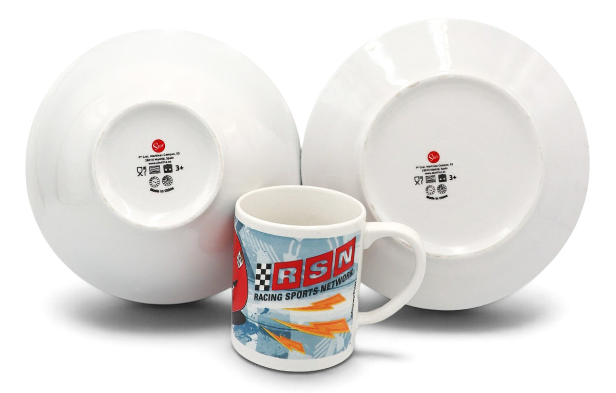 2006 Disney Pixar Cars RSN Racing Sports Network Lightning McQueen 3-Piece Children's Dinnerware Set