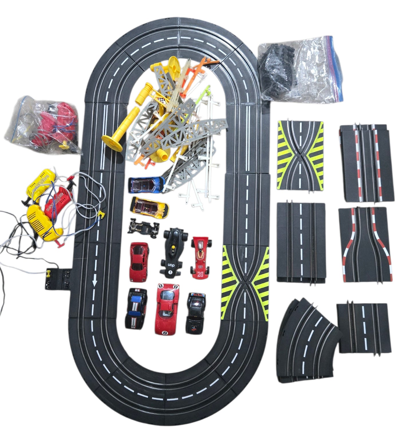 1990s Vintage Electric Slot Car Set - H.O. Scale Complete Track Layout, Formula 1 Cars, and Yellow Speed Controllers