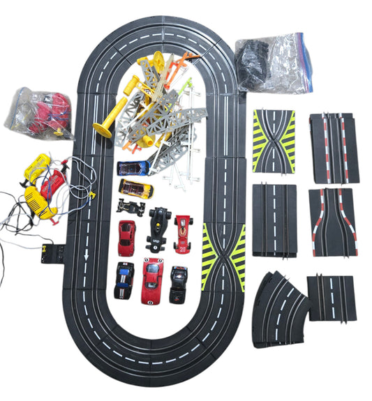 1990s Vintage Electric Slot Car Set - H.O. Scale Complete Track Layout, Formula 1 Cars, and Yellow Speed Controllers