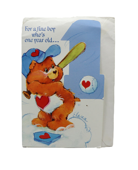 1980s Care Bears Birthday card - for a fine boy who's one year old