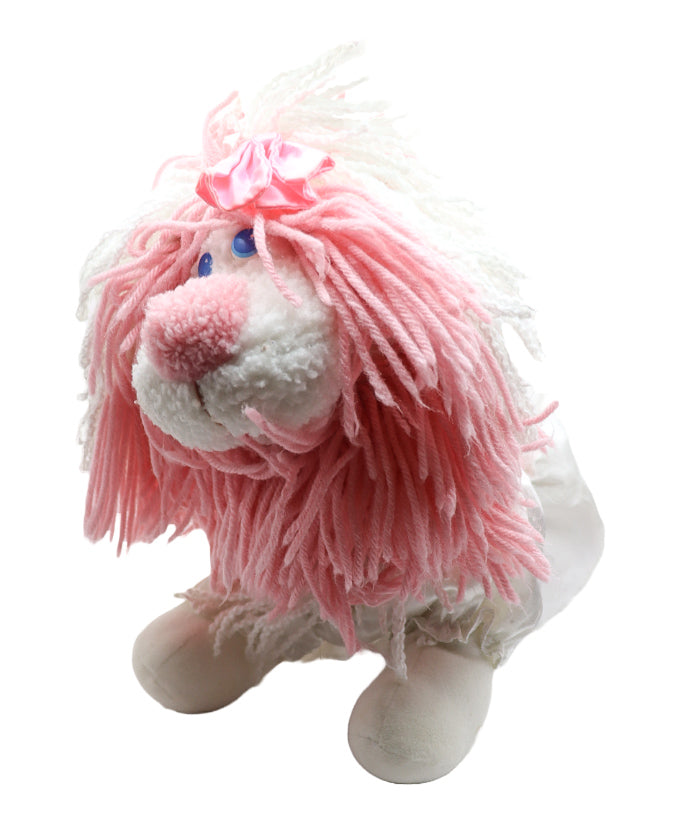 1986 Fluppy dog shaggy poodle with pink bow + 3 outfits