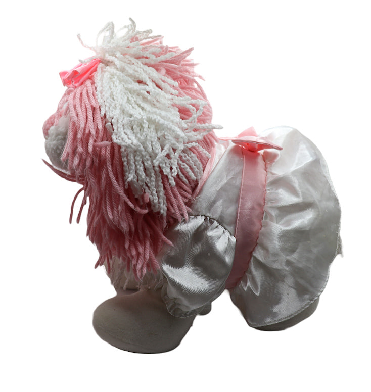 1986 Fluppy dog shaggy poodle with pink bow + 3 outfits