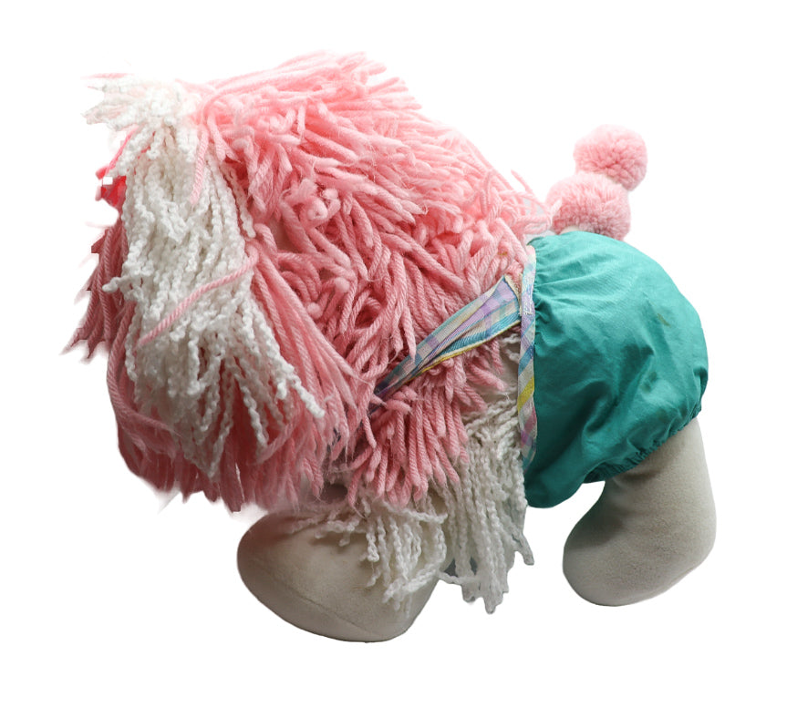 1986 Fluppy dog shaggy poodle with pink bow + 3 outfits