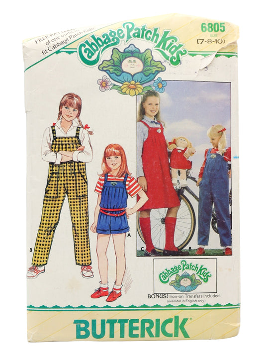1984 Butterick 6805 Cabbage Patch Kids Girls Jumper, Overalls, & Matching Doll Outfit Sewing Pattern