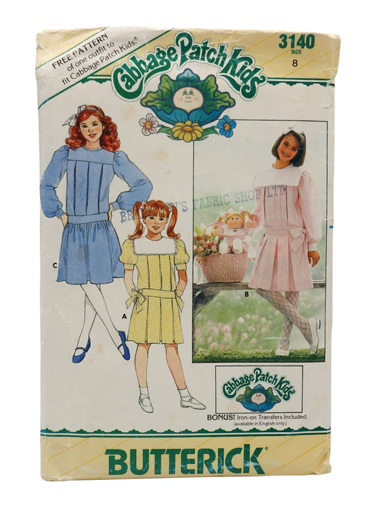 1985 Butterick 3140 Cabbage Patch Kids Girls Dress & Doll Outfit Sewing Pattern Size 8