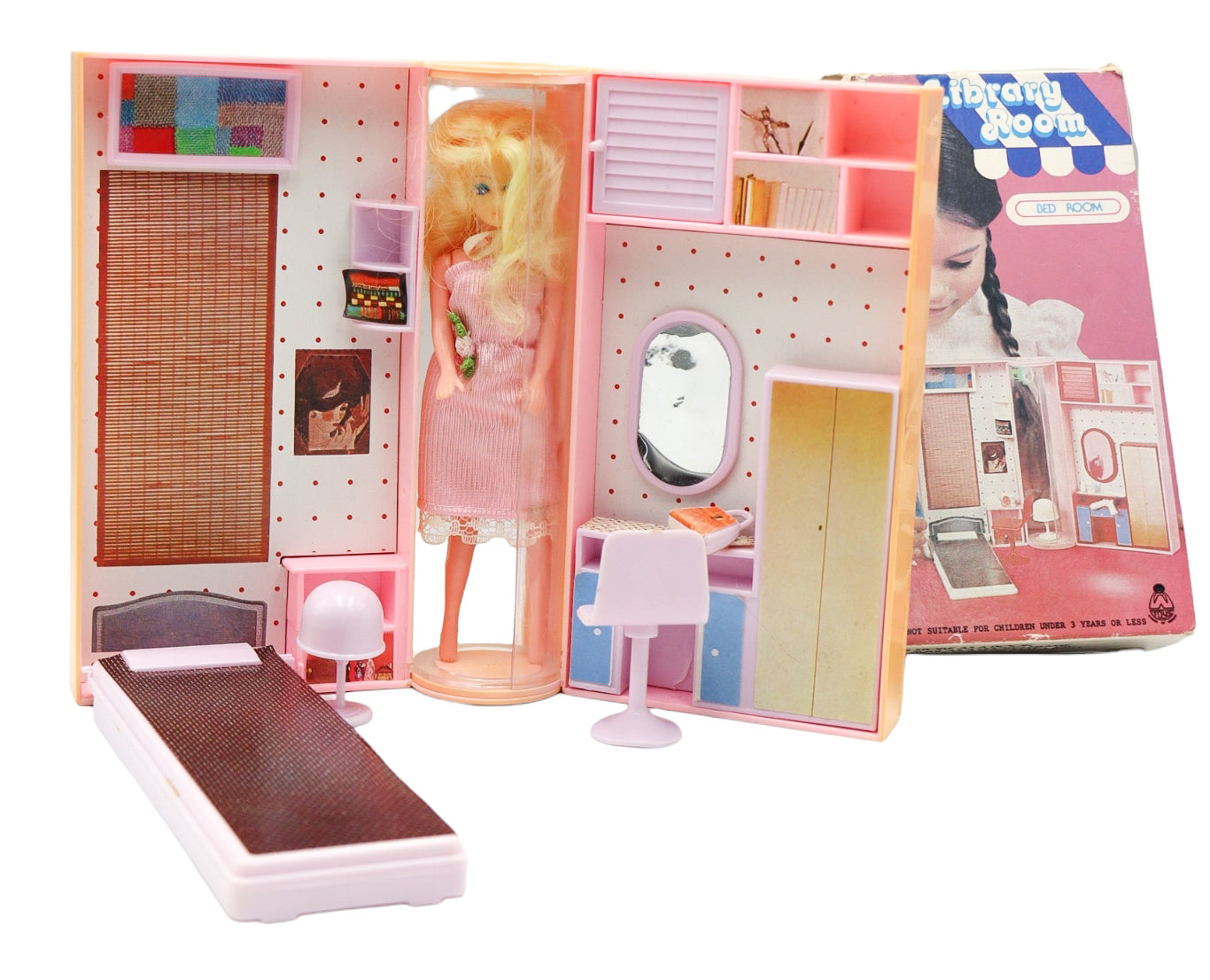 1970s Vintage Library Room Bed Room Doll & Modular Playset Set In Original Box
