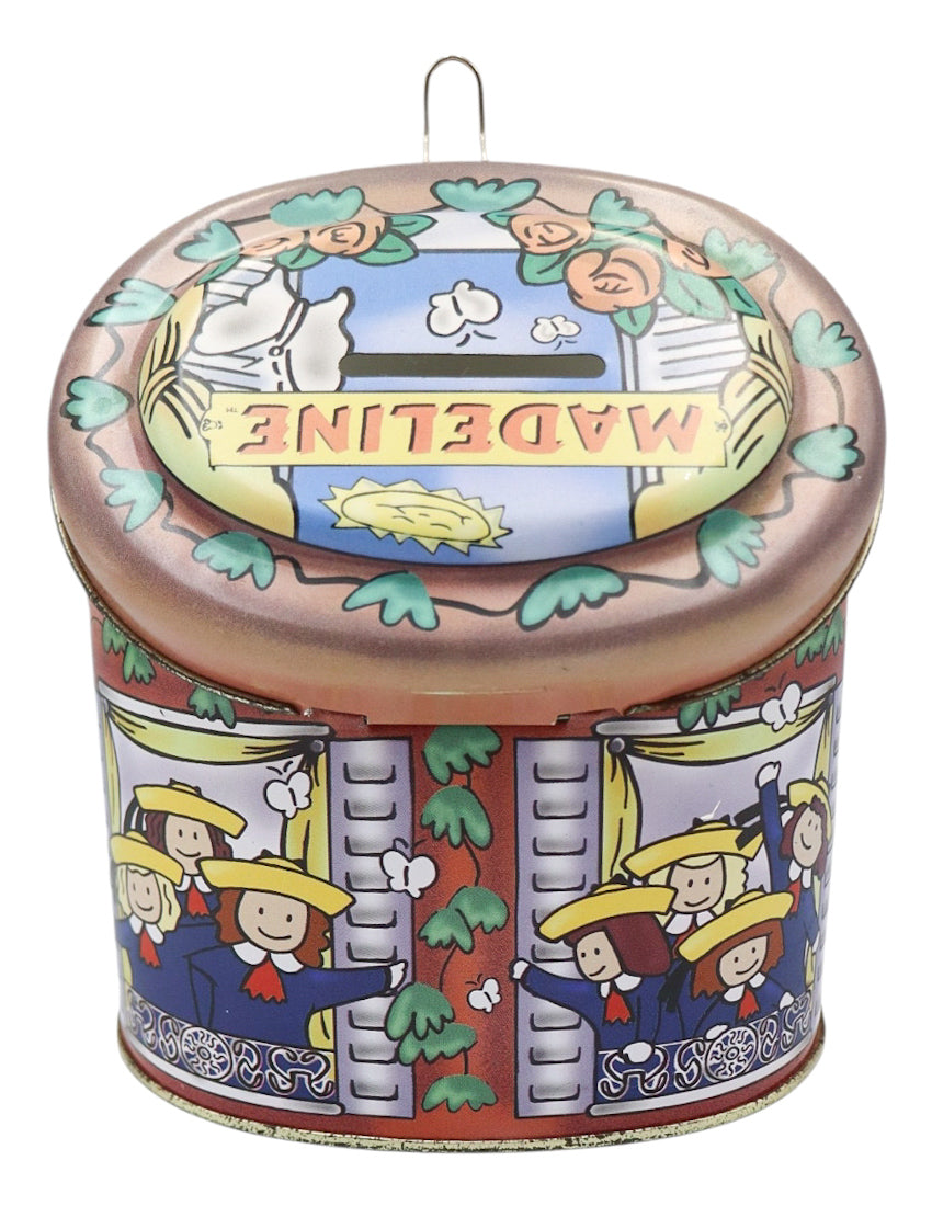 2000 Vintage Schylling Madeline and Friends Hinged Oval Metal Tin Bank