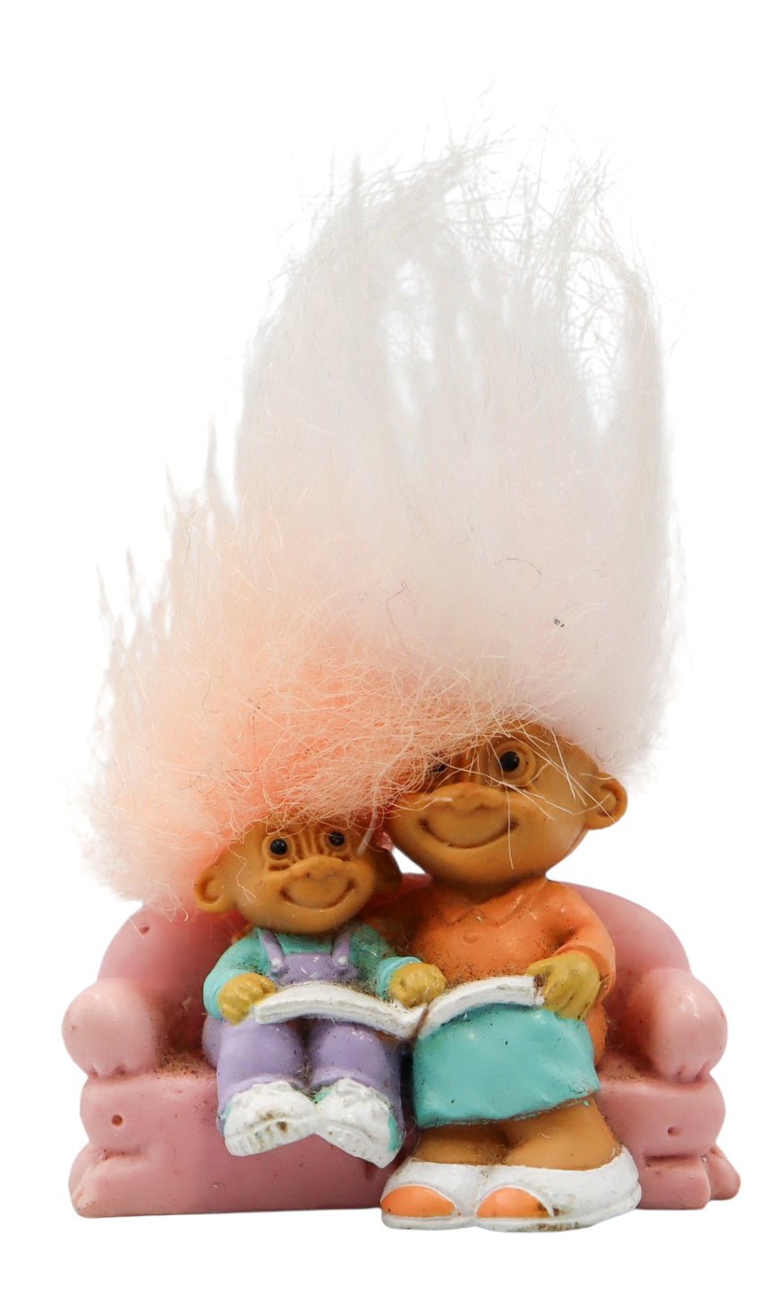 1990s Vintage Russ Berrie Troll Dolls Sitting on Pink Couch Reading Book Figure