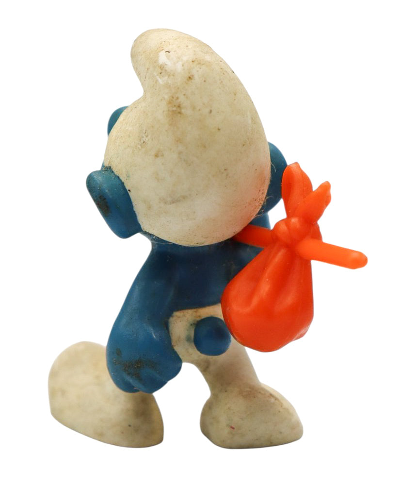 1975 Traveler Smurf #20088 Vintage Figurine with Orange Hobo Sack Stick Schleich Bully