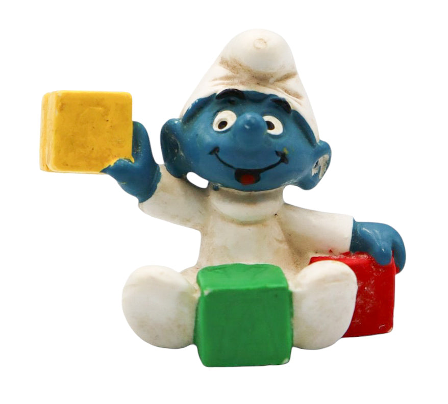 1984 Schleich Baby Smurf with Blocks PVC Figurine 20214