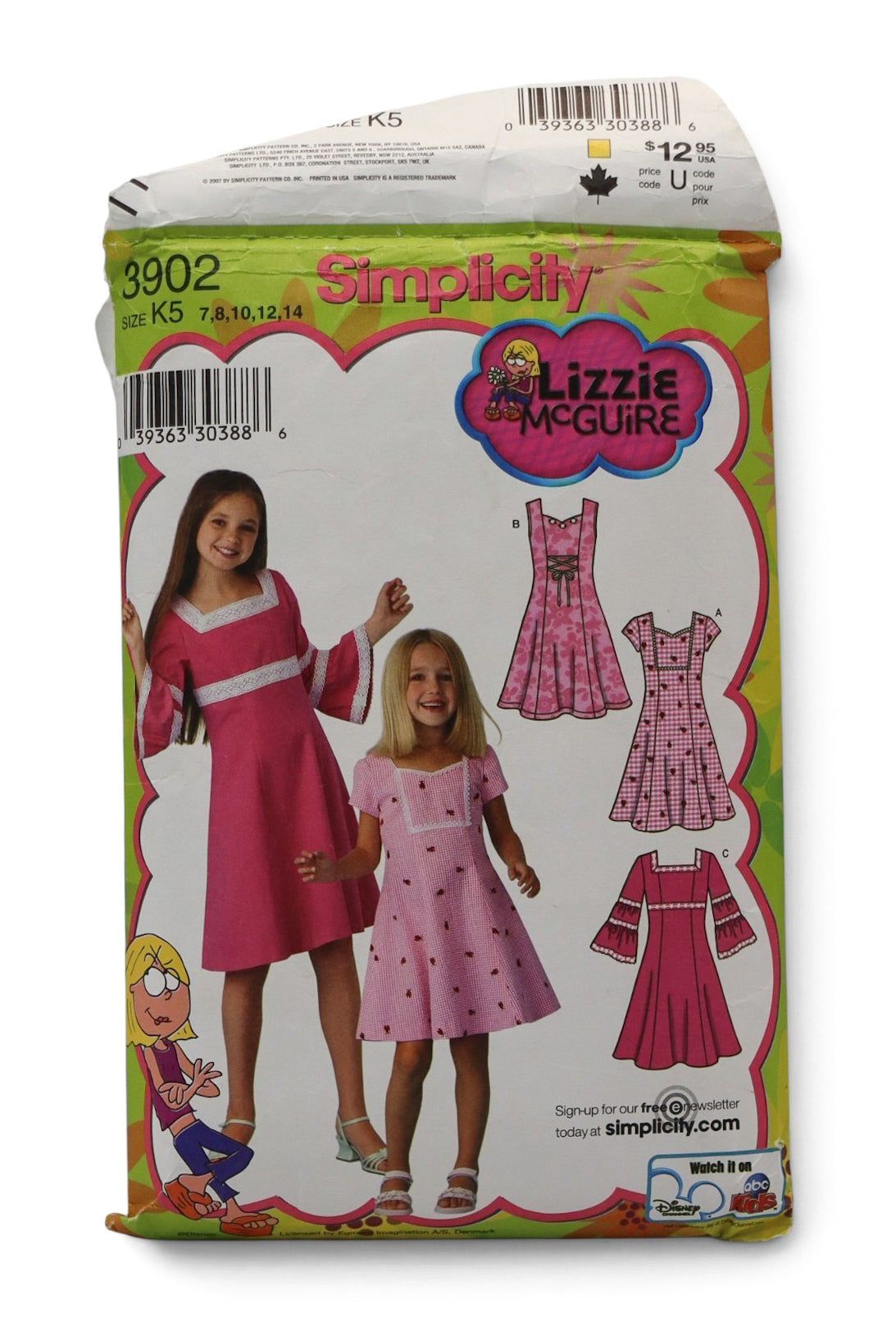 2007 Simplicity Pattern 3902 Lizzie McGuire Girls Dress Neck Variations Sizes 7-14