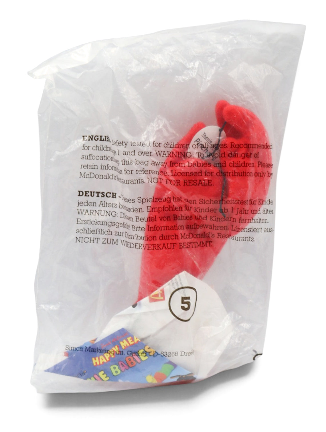 1997 McDonald's Ty Teenie Beanie Baby Pinchers the Lobster #5 Sealed in Package