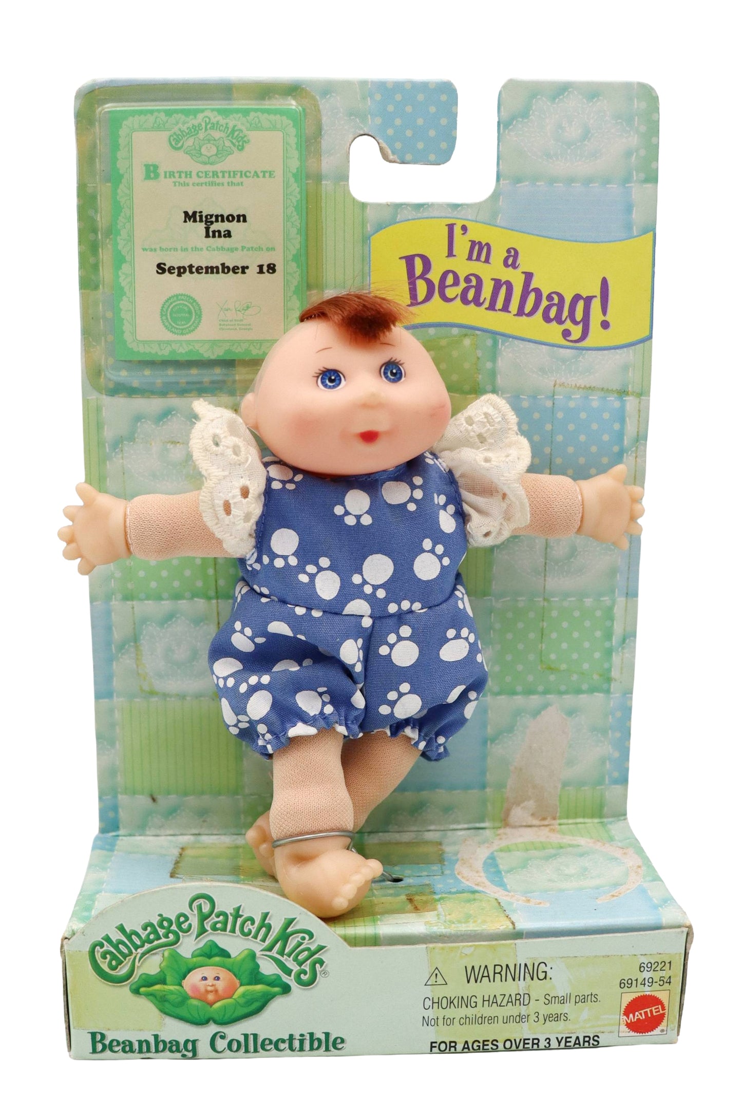 1998 Mattel Cabbage Patch Kids Mini Paw Print Outfit Bean Bag Collectable